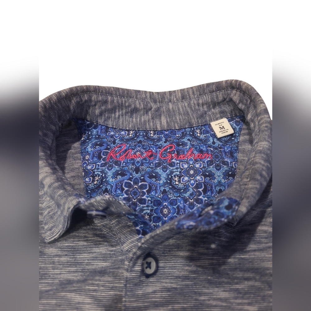 Robert Graham Heathered Knit Polo Shirt Classic Fit Blie Paisley Floral Trim